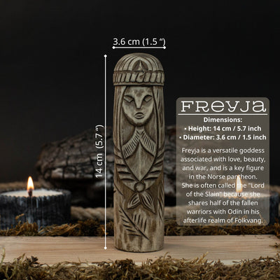 Hand-carved wooden Freyja statue 14 cm tall, Norse goddess altar figurine