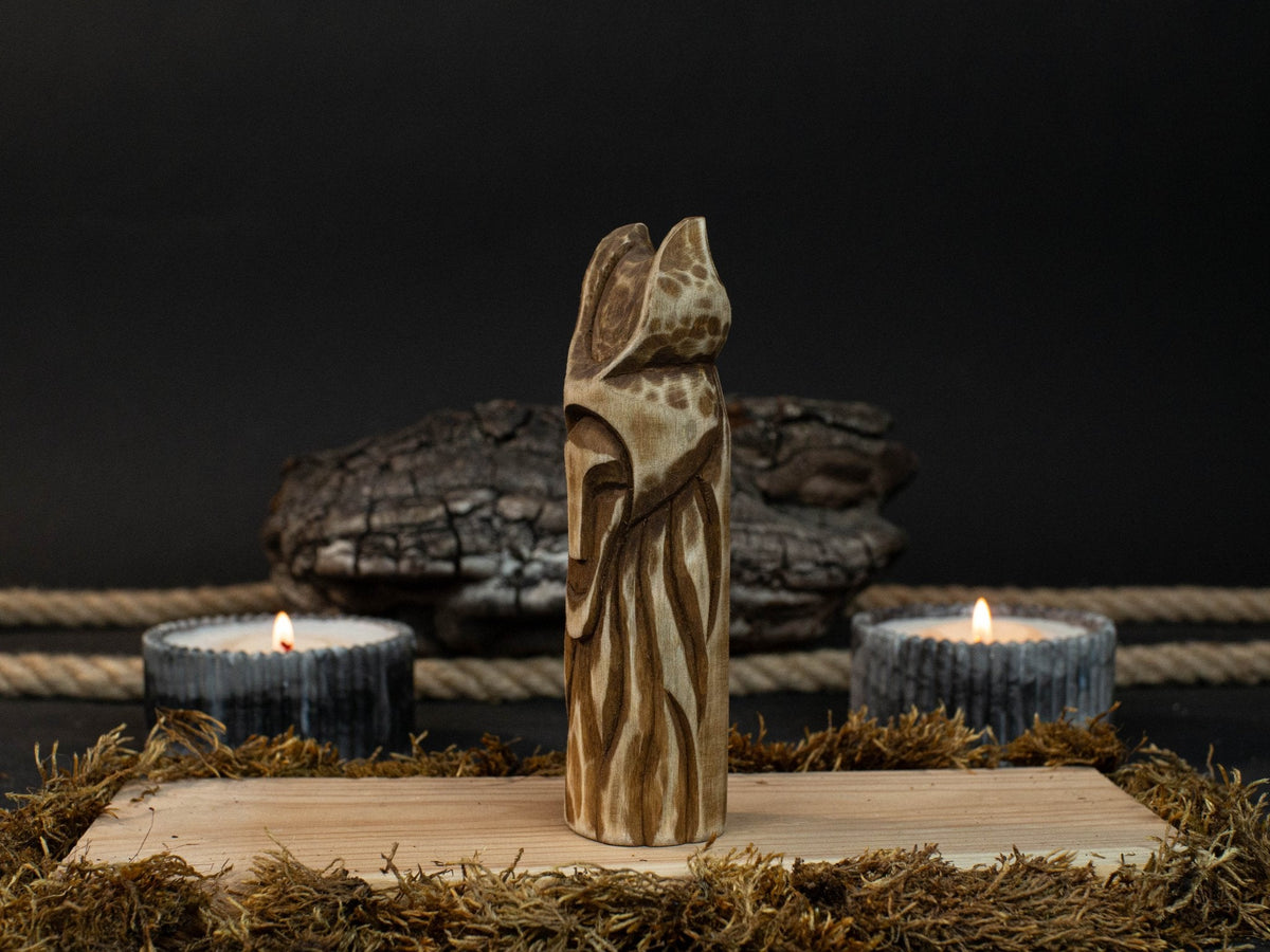 Hand-carved wooden Loki figurine 14 cm tall, Norse god of mischief statue