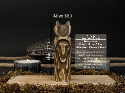 Hand-carved wooden Loki figurine 14 cm tall, Norse god of mischief statue