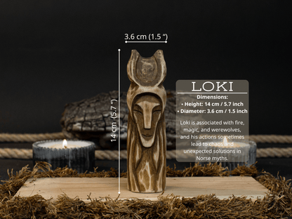 Hand-carved wooden Loki figurine 14 cm tall, Norse god of mischief statue
