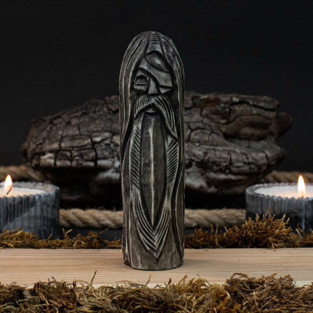 Hand-carved wooden Odin figurine, 13 cm tall, detailed Norse god sculpture