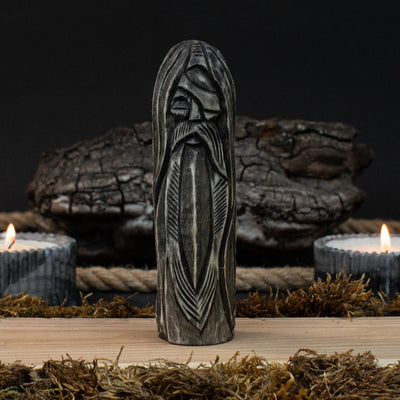 Hand-carved wooden Odin figurine, 13 cm tall, detailed Norse god sculpture
