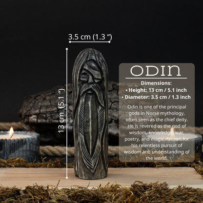 Hand-carved wooden Odin figurine, 13 cm tall, detailed Norse god sculpture