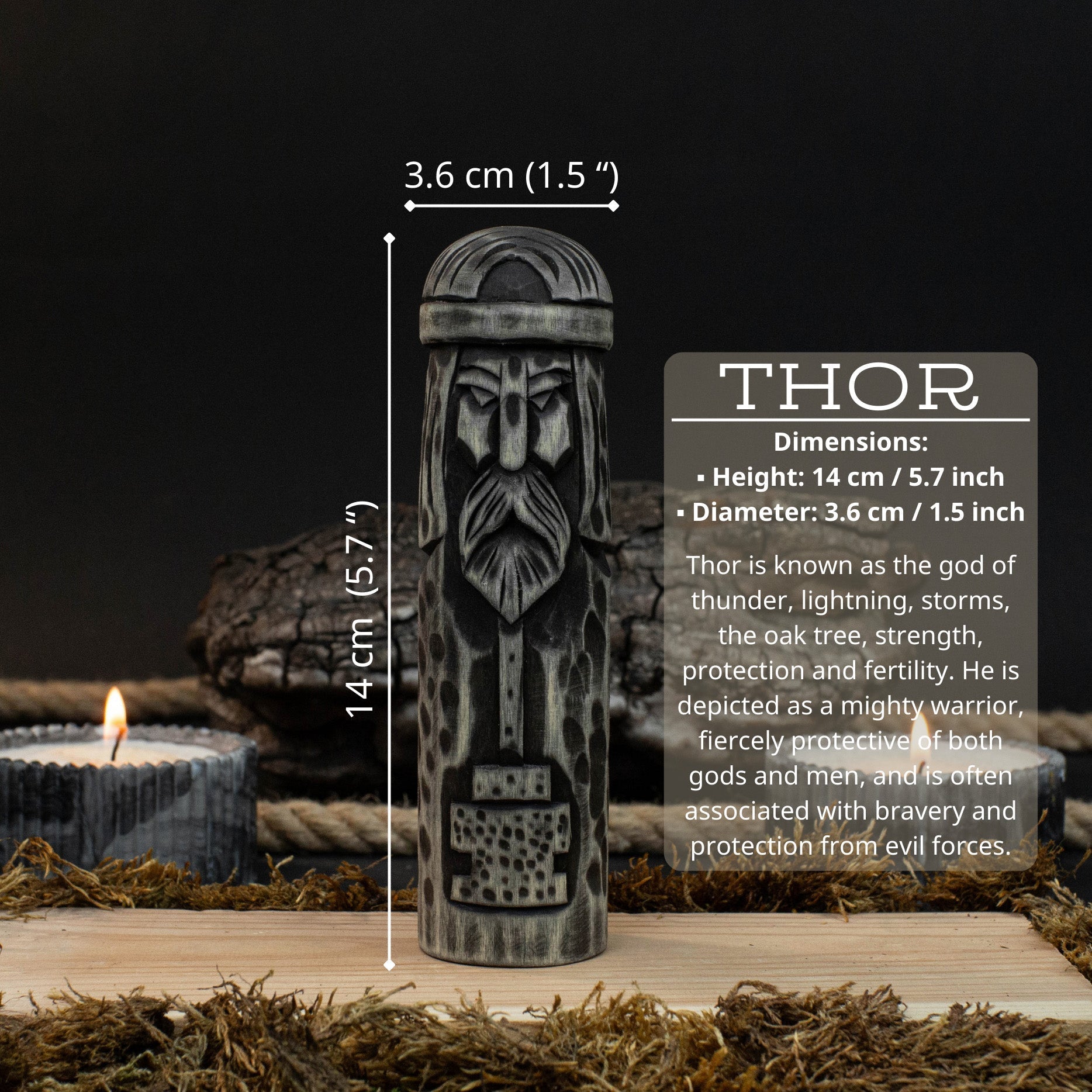 Hand-carved wooden Thor figurine 14 cm tall, Scandinavian god statue