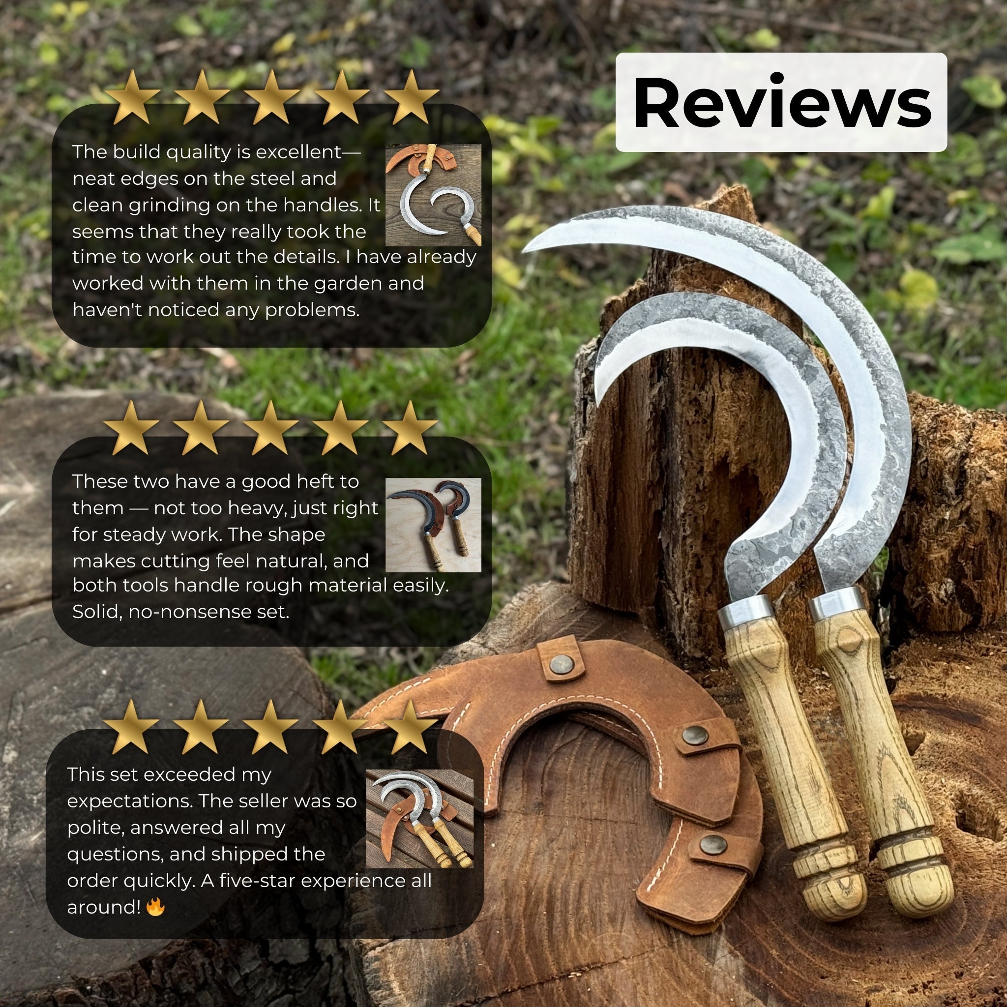 Hand-forged 2-piece sickle set with wooden handles and leather sheaths