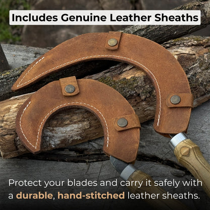 Hand-forged 2-piece sickle set with wooden handles and leather sheaths
