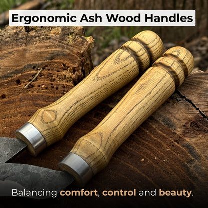 Hand-forged 2-piece sickle set with wooden handles and leather sheaths