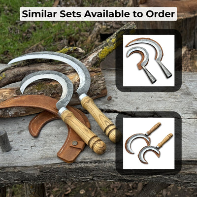 Hand-forged 2-piece sickle set with wooden handles and leather sheaths