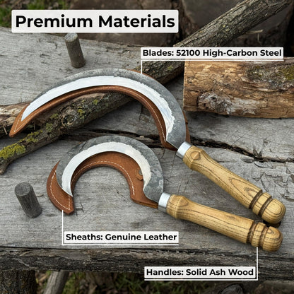 Hand-forged 2-piece sickle set with wooden handles and leather sheaths