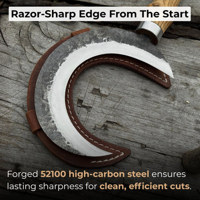 Hand-forged ritual witch sickle with crescent-shaped steel blade and wooden handle, including leather sheath