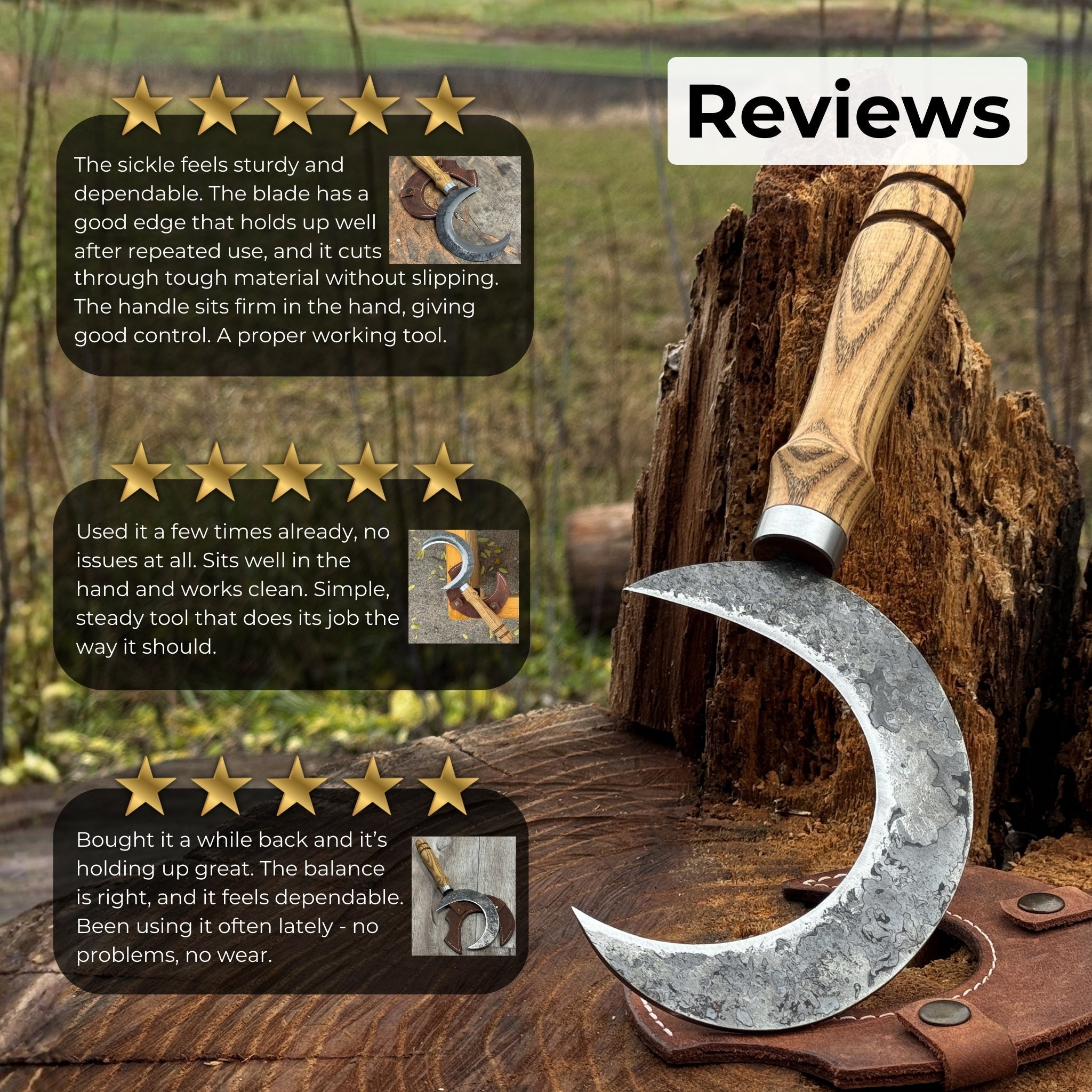 Hand-forged ritual witch sickle with crescent-shaped steel blade and wooden handle, including leather sheath