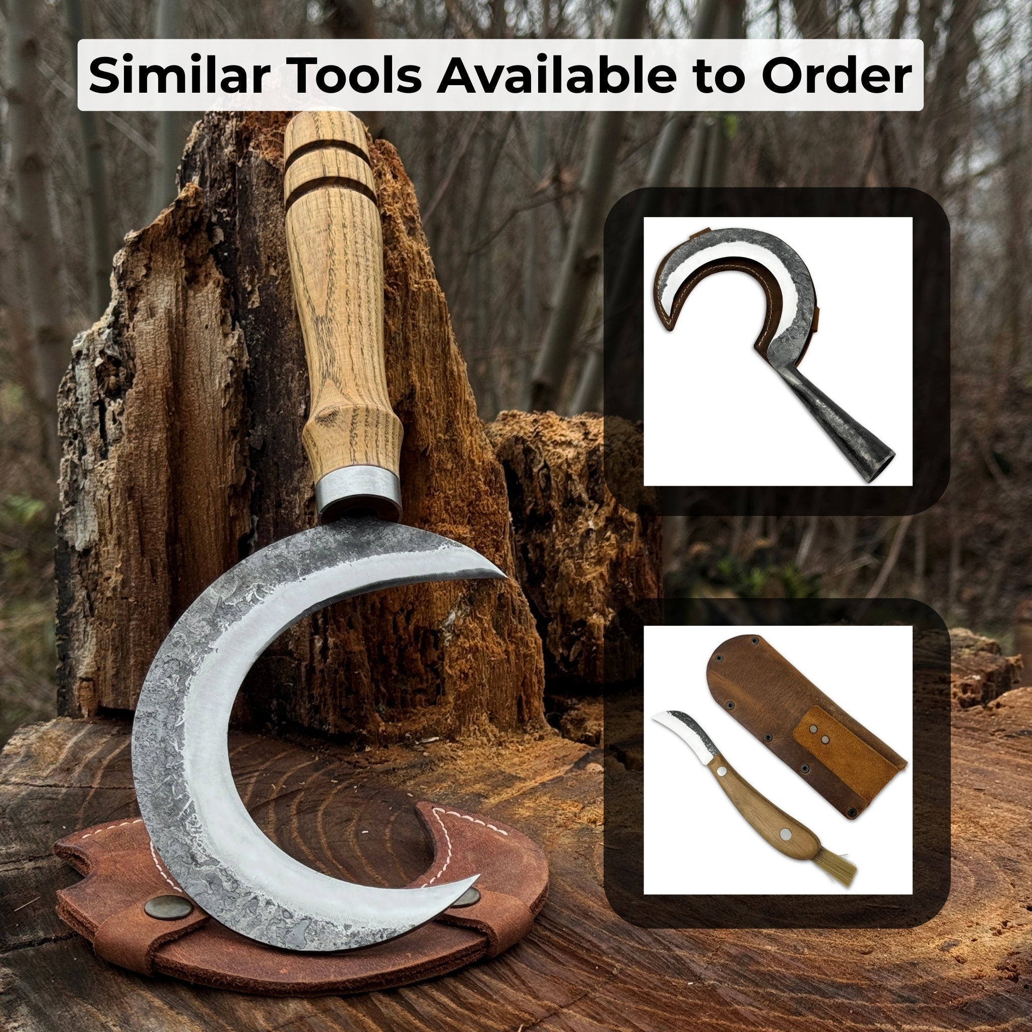 Hand-forged ritual witch sickle with crescent-shaped steel blade and wooden handle, including leather sheath