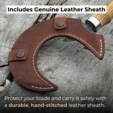 Hand-forged ritual witch sickle with crescent-shaped steel blade and wooden handle, including leather sheath
