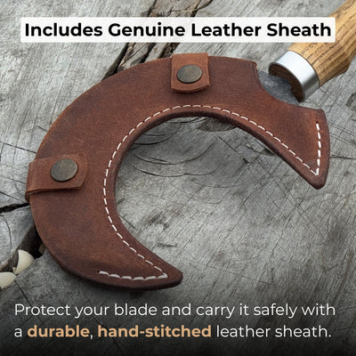 Hand-forged ritual witch sickle with crescent-shaped steel blade and wooden handle, including leather sheath