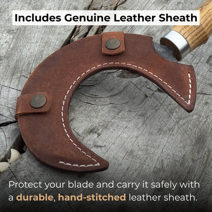 Hand-forged ritual witch sickle with crescent-shaped steel blade and wooden handle, including leather sheath