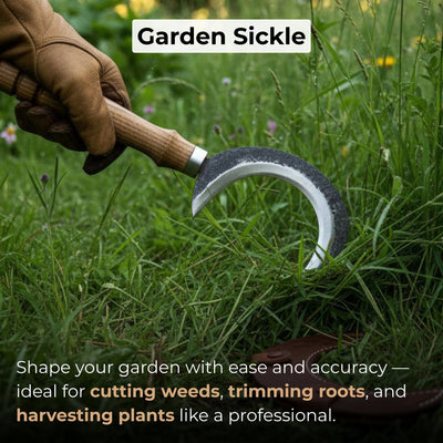 Hand-forged ritual witch sickle with crescent-shaped steel blade and wooden handle, including leather sheath