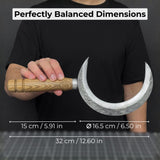 Hand-forged athame ritual witch sickle with crescent steel blade and wooden handle, including leather sheath