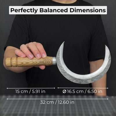 Hand-forged athame ritual witch sickle with crescent steel blade and wooden handle, including leather sheath