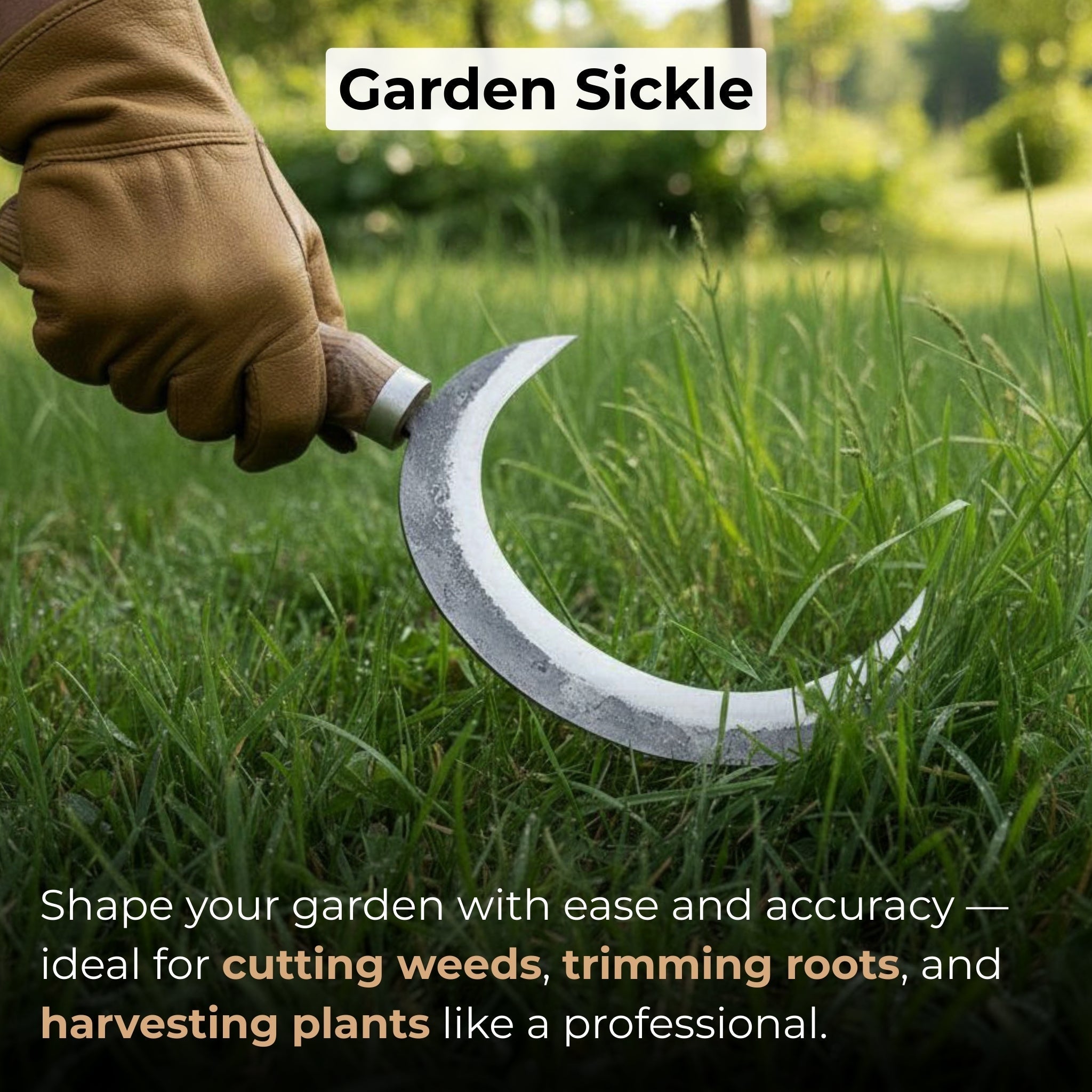 Hand-forged athame ritual witch sickle with crescent steel blade and wooden handle, including leather sheath