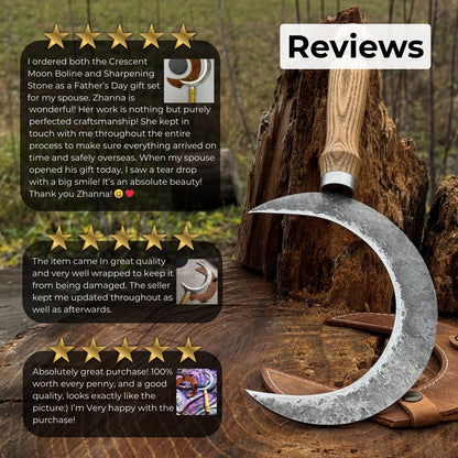 Hand-forged athame ritual witch sickle with crescent steel blade and wooden handle, including leather sheath