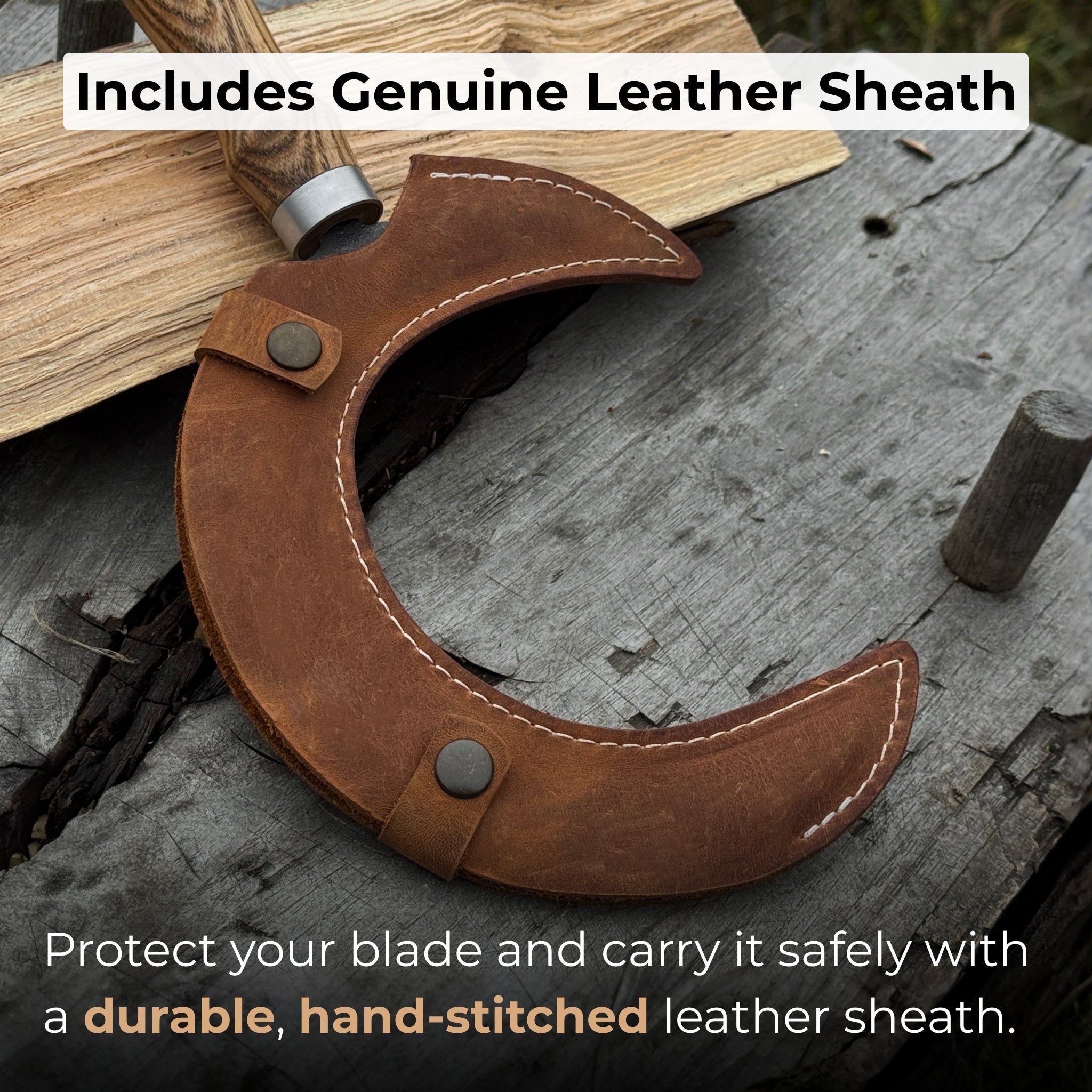 Hand-forged athame ritual witch sickle with crescent steel blade and wooden handle, including leather sheath