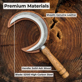 Hand-forged athame ritual witch sickle with crescent steel blade and wooden handle, including leather sheath
