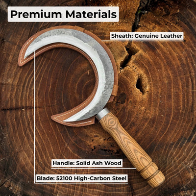 Hand-forged athame ritual witch sickle with crescent steel blade and wooden handle, including leather sheath