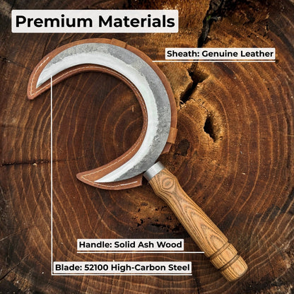 Hand-forged athame ritual witch sickle with crescent steel blade and wooden handle, including leather sheath