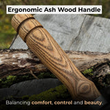 Hand-forged athame ritual witch sickle with crescent steel blade and wooden handle, including leather sheath