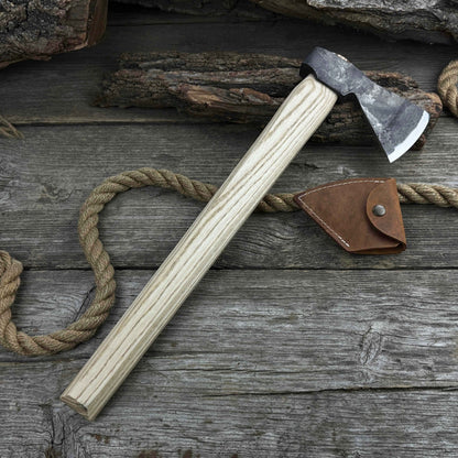 Hand-forged bushcraft hatchet with leather back sheath and ash handle