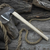 Hand-forged bushcraft hatchet with leather back sheath and ash handle