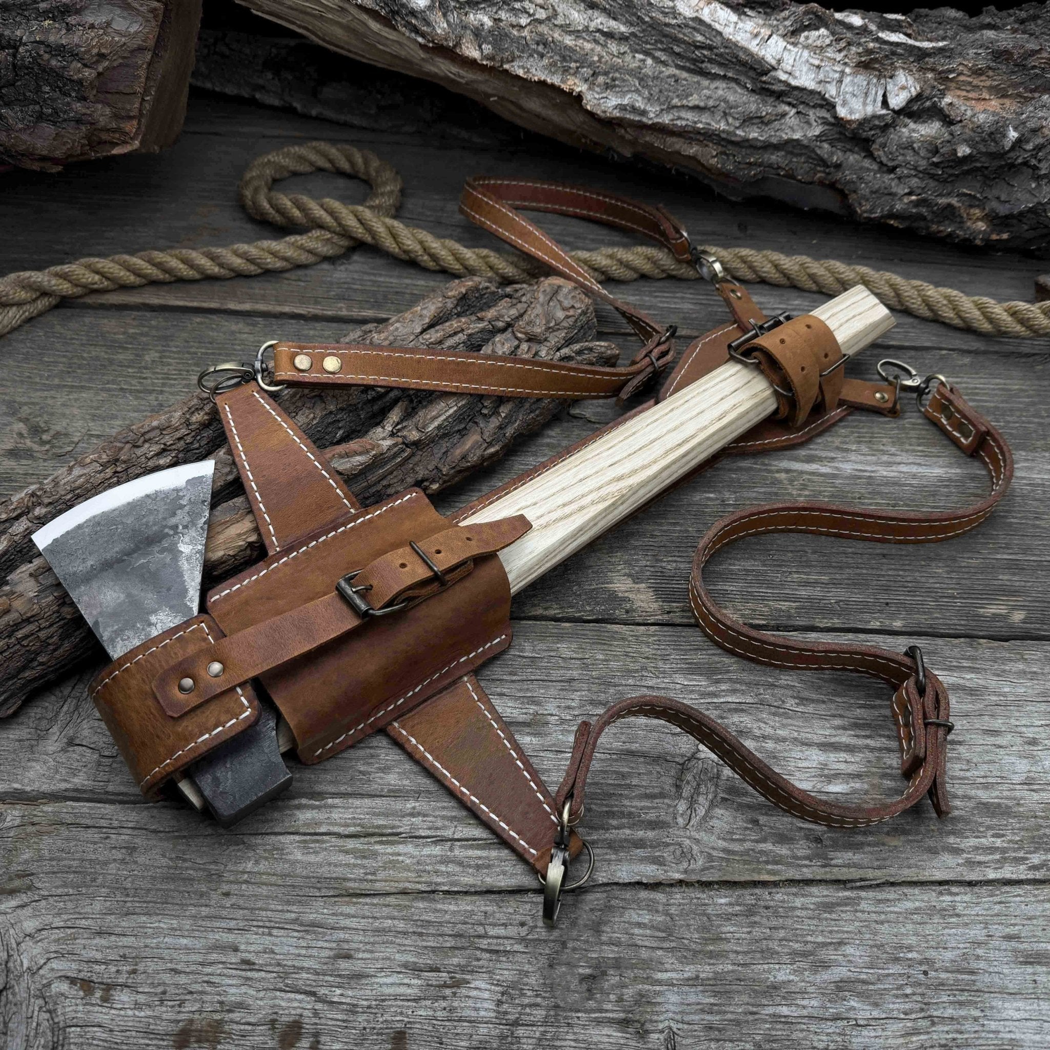 Hand-forged bushcraft hatchet with leather back sheath and ash handle