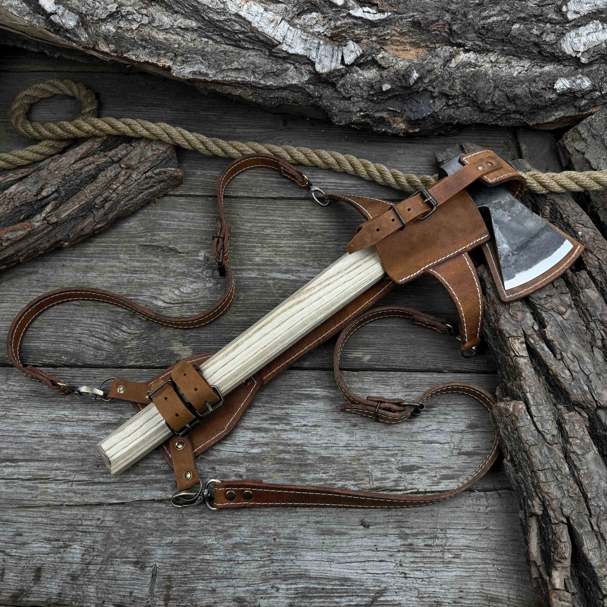 Hand-forged bushcraft hatchet with leather back sheath and ash handle