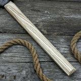 Hand-forged bushcraft hatchet with leather back sheath and ash handle