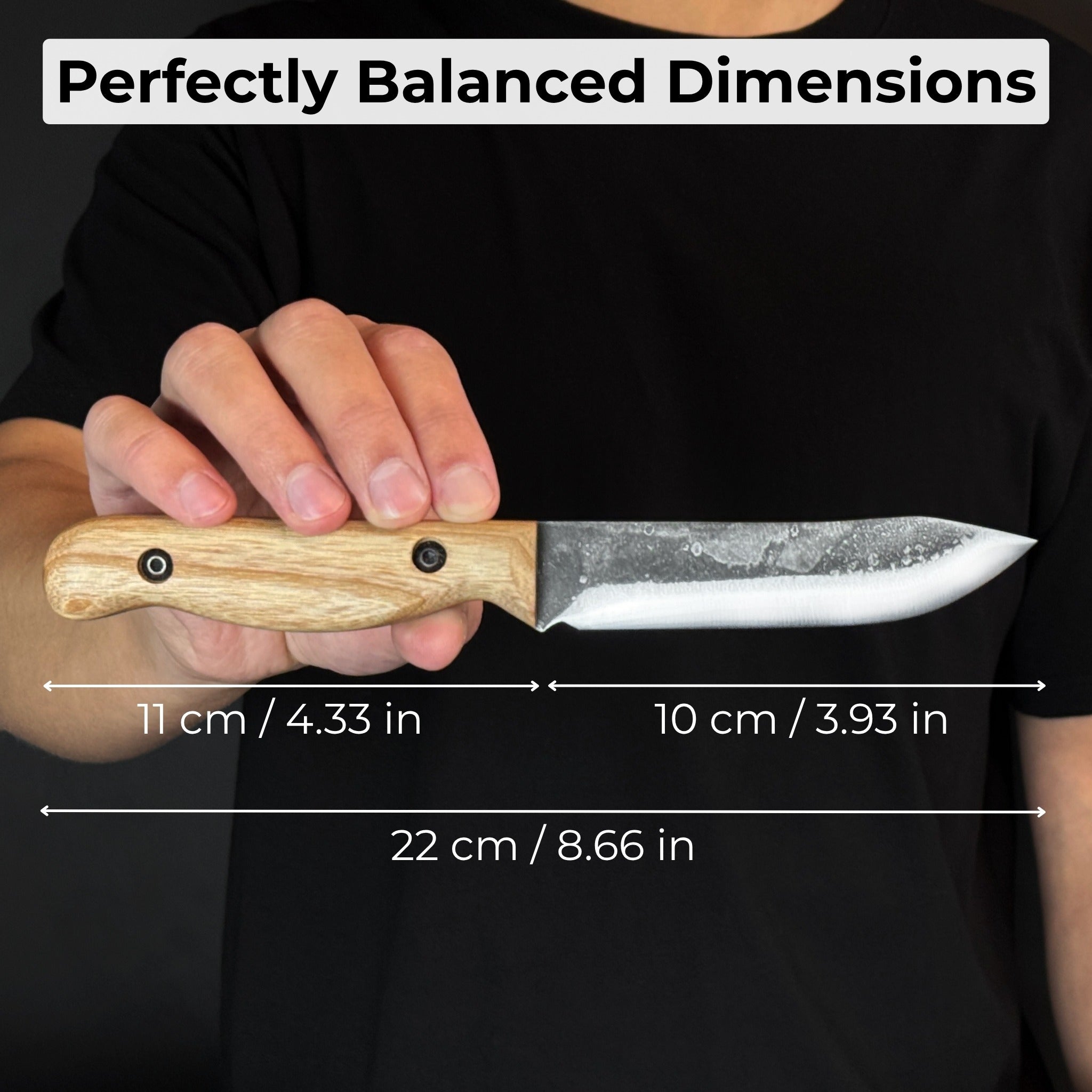 Hand-forged bushcraft knife with 10 cm blade and leather sheath by Sharky Forged Steel Tools