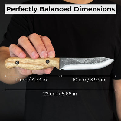 Hand-forged bushcraft knife with 10 cm blade and leather sheath by Sharky Forged Steel Tools