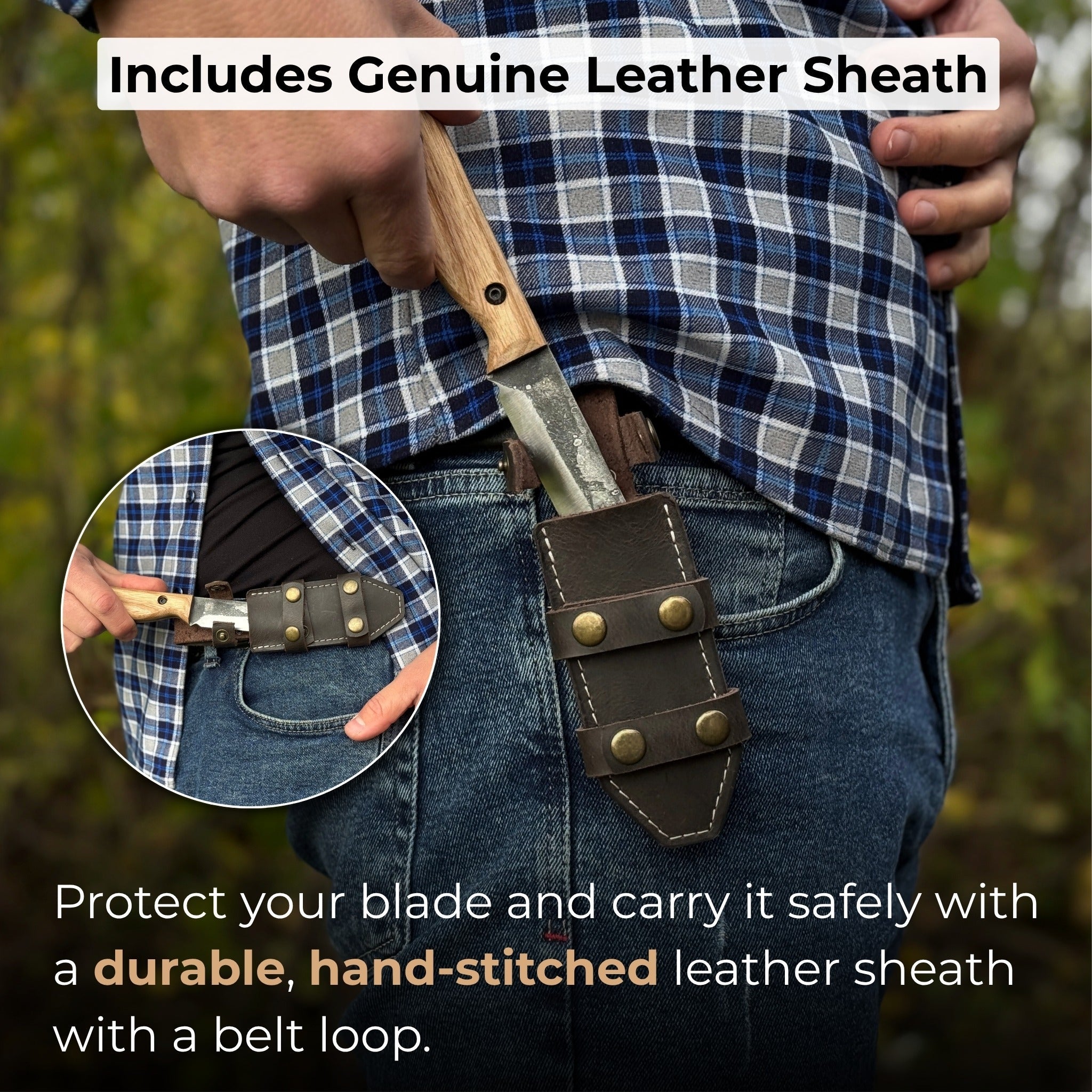 Hand-forged bushcraft knife with 10 cm blade and leather sheath by Sharky Forged Steel Tools