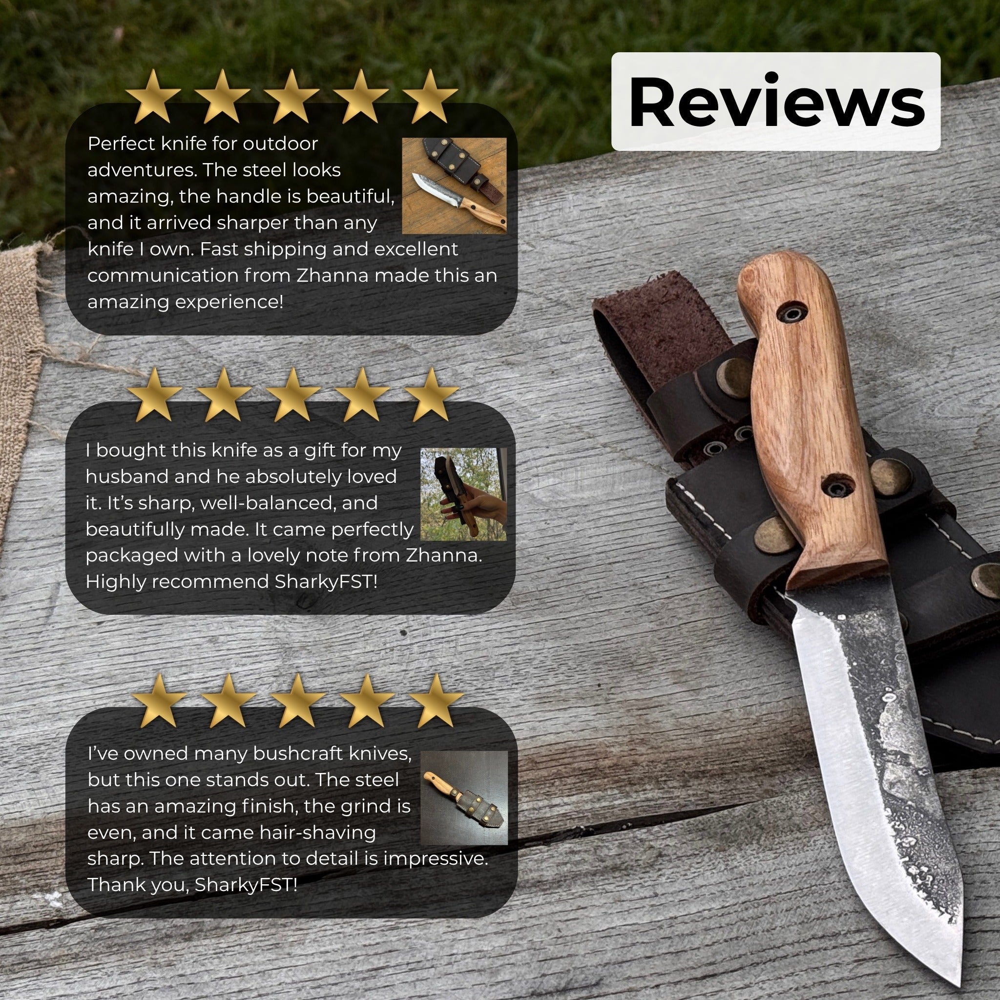 Hand-forged bushcraft knife with 10 cm blade and leather sheath by Sharky Forged Steel Tools