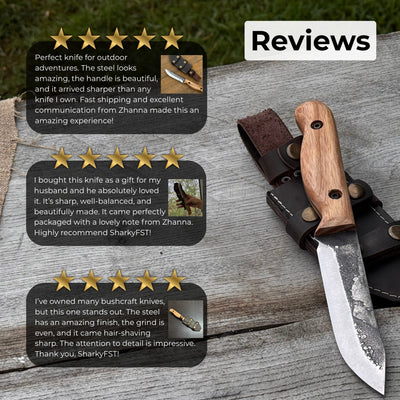 Hand-forged bushcraft knife with 10 cm blade and leather sheath by Sharky Forged Steel Tools