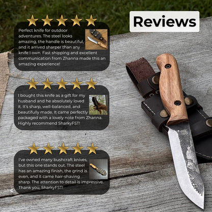 Hand-forged bushcraft knife with 10 cm blade and leather sheath by Sharky Forged Steel Tools
