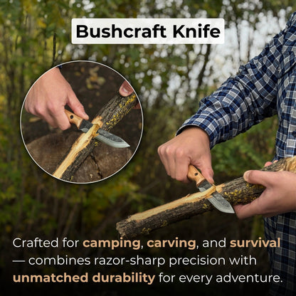 Hand-forged bushcraft knife with 10 cm blade and leather sheath by Sharky Forged Steel Tools