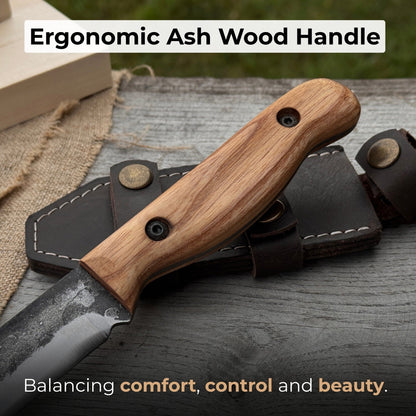 Hand-forged bushcraft knife with 10 cm blade and leather sheath by Sharky Forged Steel Tools