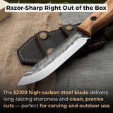 Hand-forged bushcraft knife with 10 cm blade and leather sheath by Sharky Forged Steel Tools