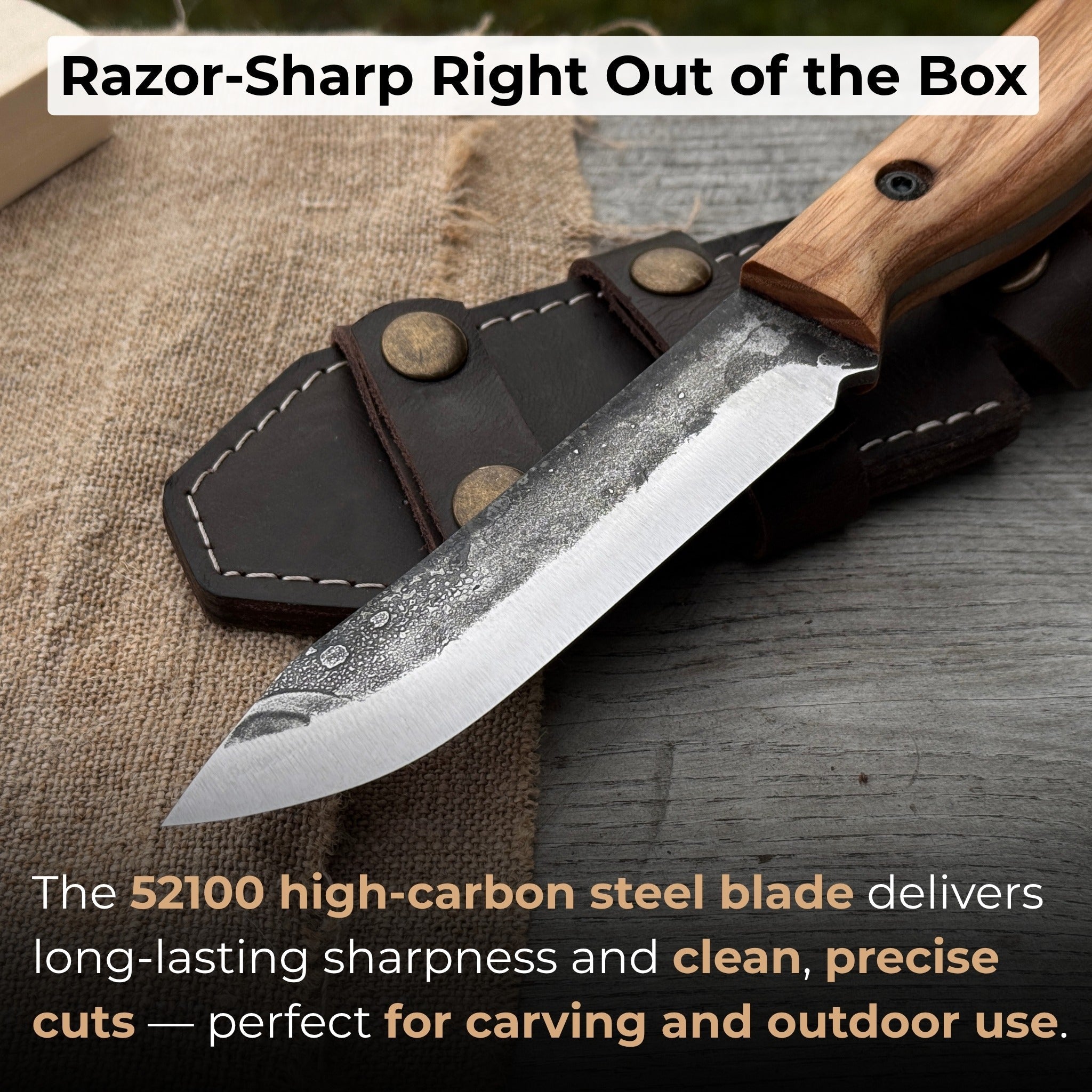Hand-forged bushcraft knife with 10 cm blade and leather sheath by Sharky Forged Steel Tools