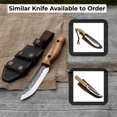 Hand-forged bushcraft knife with 10 cm blade and leather sheath by Sharky Forged Steel Tools