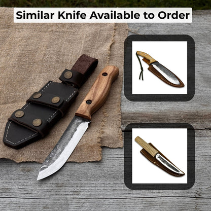 Hand-forged bushcraft knife with 10 cm blade and leather sheath by Sharky Forged Steel Tools