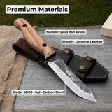 Hand-forged bushcraft knife with 10 cm blade and leather sheath by Sharky Forged Steel Tools