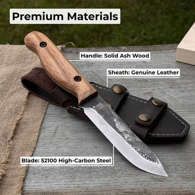 Hand-forged bushcraft knife with 10 cm blade and leather sheath by Sharky Forged Steel Tools