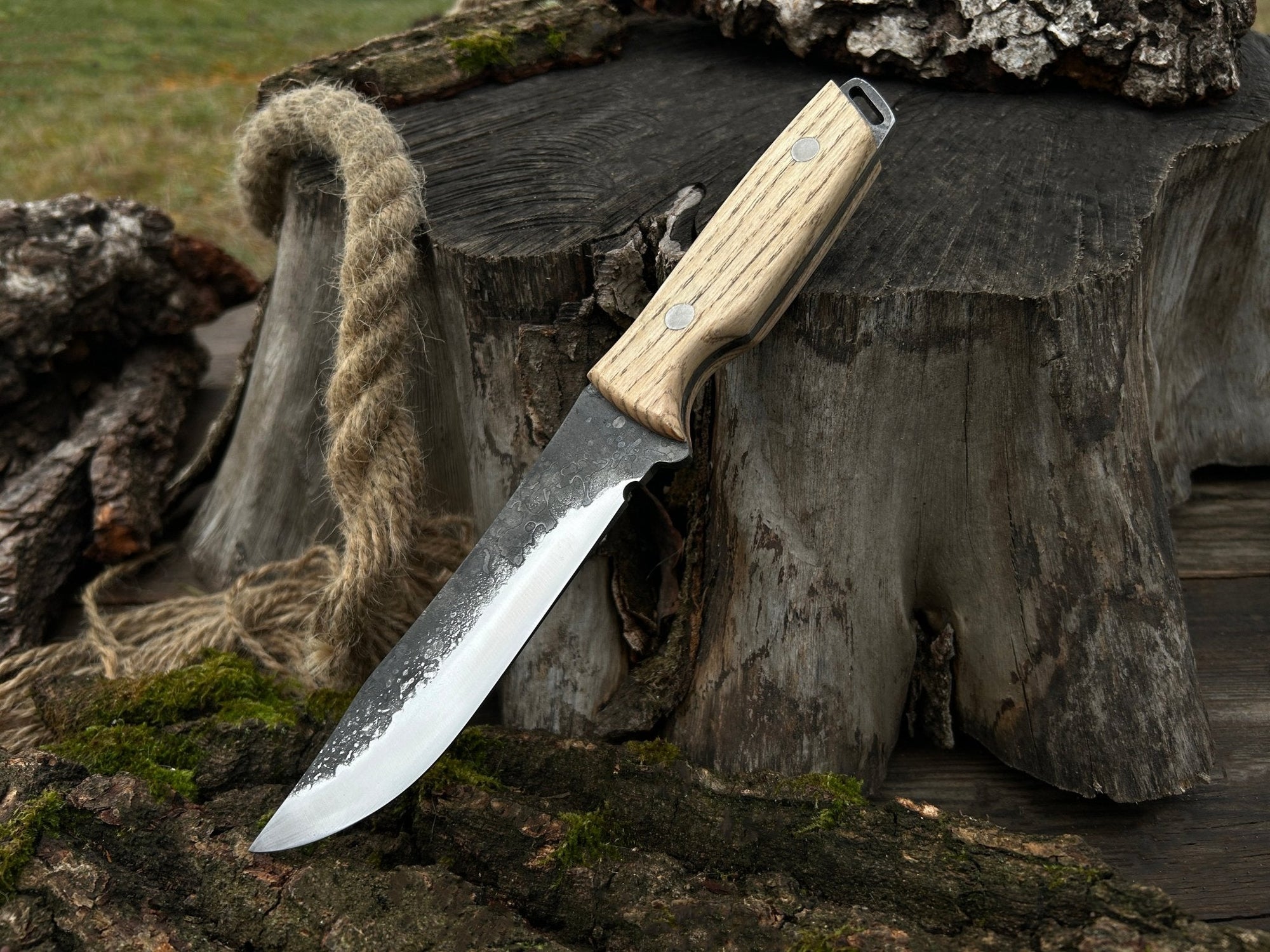 Hand-Forged Bushcraft Knife with 12 cm carbon steel blade and ash wood handle by Sharky Forged Steel Tools