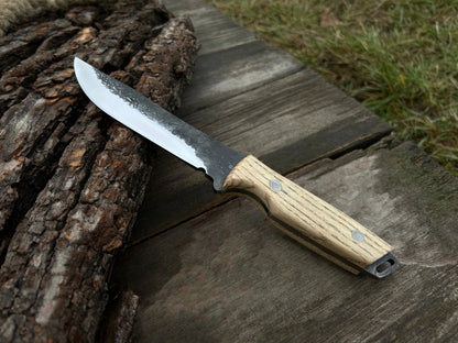 Hand-Forged Bushcraft Knife with 12 cm carbon steel blade and ash wood handle by Sharky Forged Steel Tools